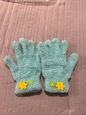 Women,kids  Cozy Fuzzy Gloves in Light Aqua with Flower Accents